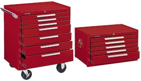 7 Drawer, 2 Piece, Red Steel Roller Cabinet Combo