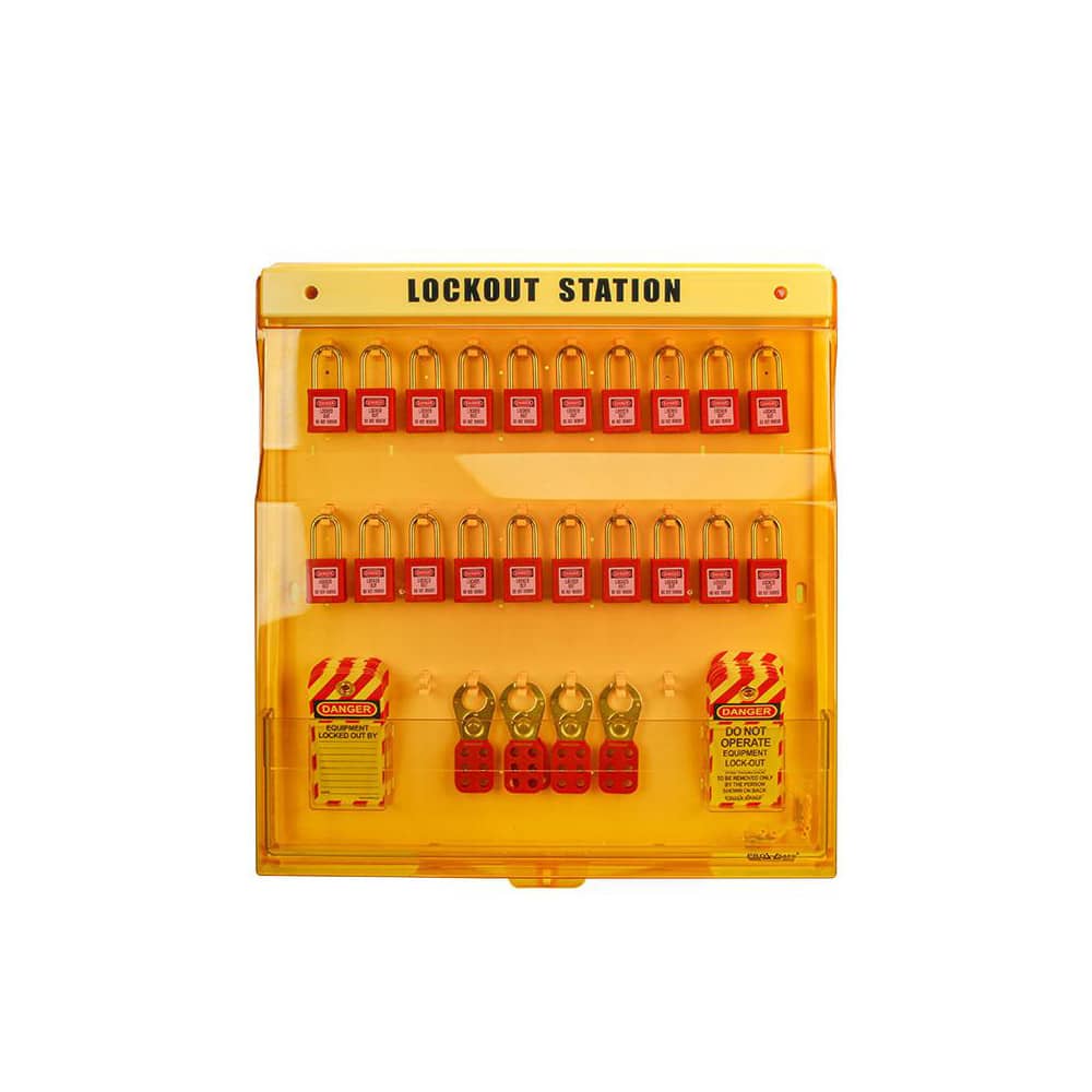 Lockout Centers & Stations; Product Type: Lockout Device & Tag Station ; Equipped or Empty: Equipped ; Maximum Number of Locks: 20 ; Station Material: Polycarbonate ; Board Coating: None ; Key Type: Keyed Different