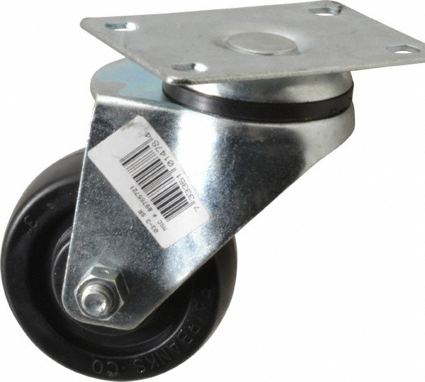 Fairbanks Swivel Top Plate Caster: Soft Rubber, 125 lb, 3" Dia, 1-1/4" Wide, 4-3/8" OAH - 2-7/8 x 3-5/8" Plate, 1-3/4 x 2-15/16" Bolt Hole Pattern