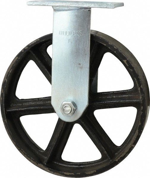 Albion Rigid Top Plate Caster: Semi-Steel, 1,050 lb, 8" Dia, 2" Wide, 9-1/2" OAH - 4 x 4-1/2" Plate, 2-5/8 x 3-5/8 Slotted to 3 x 3" Bolt Hole Pattern
