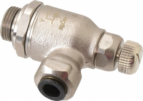 Air Flow Control Valve: Push-to-Connect Metal Flow Control, Tube x BSPP, 8mm Tube OD - Treated Brass, Out Flow, 3/8 Male