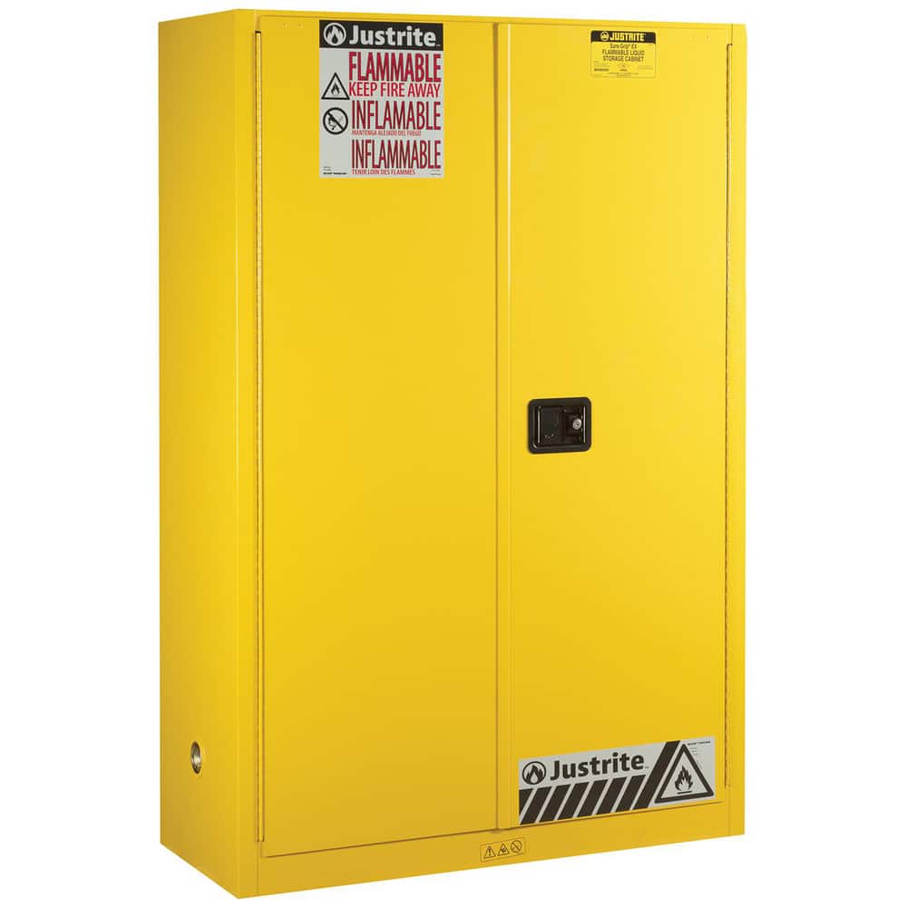 Justrite. 894520 Flammable & Hazardous Storage Cabinets: 45 gal Drum, 2 Door, 2 Shelf, Self Closing, Yellow 