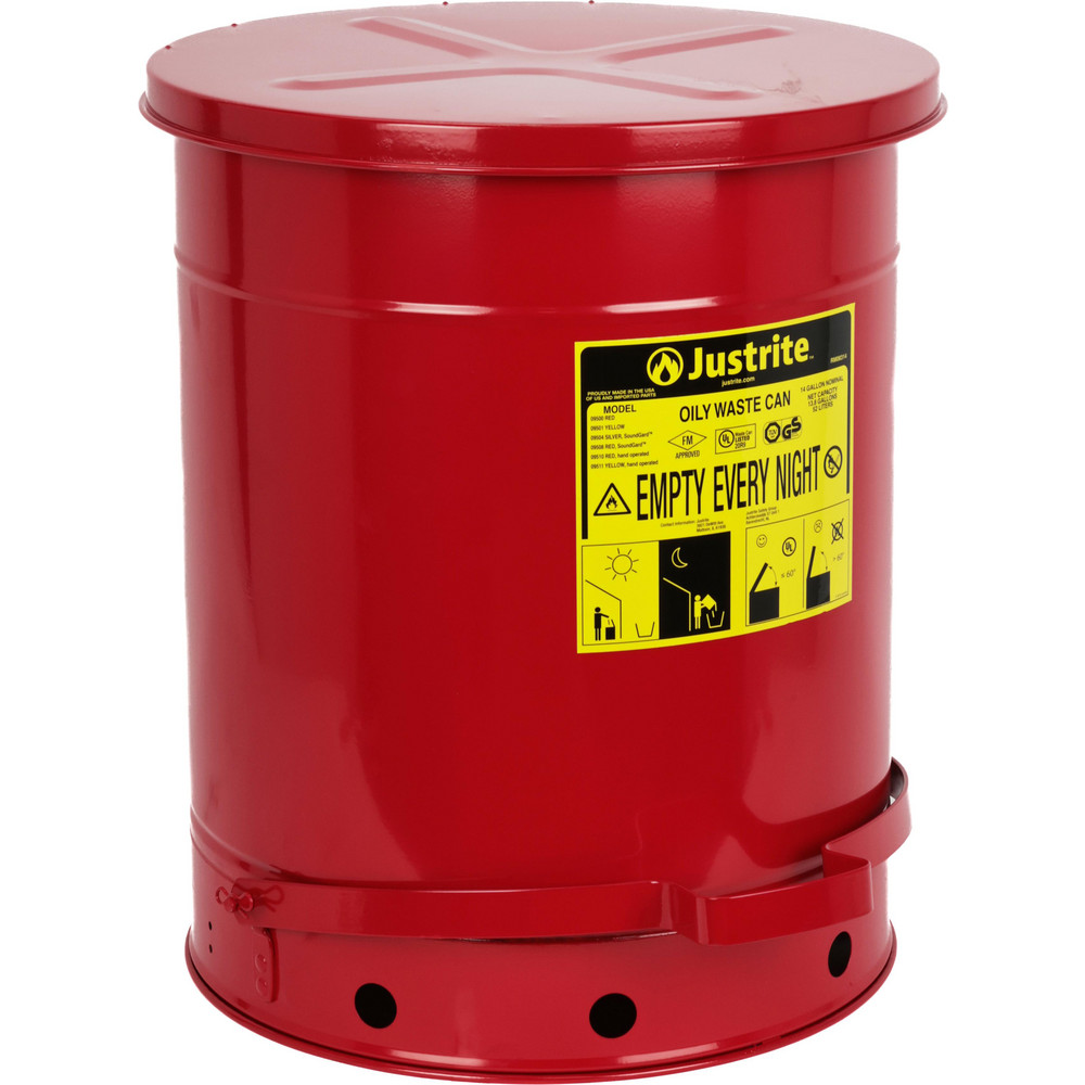 14 Gallon Capacity, Galvanized Steel Disposal Can - 16-1/16" Wide/Dia x 20-1/4" High, Red, Foot Operated, Approved FM and UL