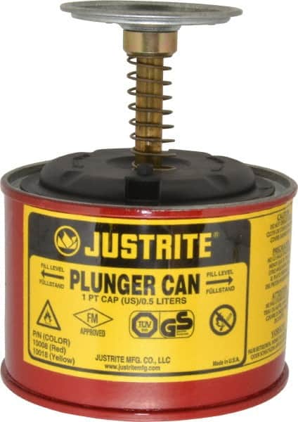 Justrite. 10008 1 Pint Capacity, 5-1/4 Inch High x 4-7/8 Inch Diameter, Steel Plunger Can 