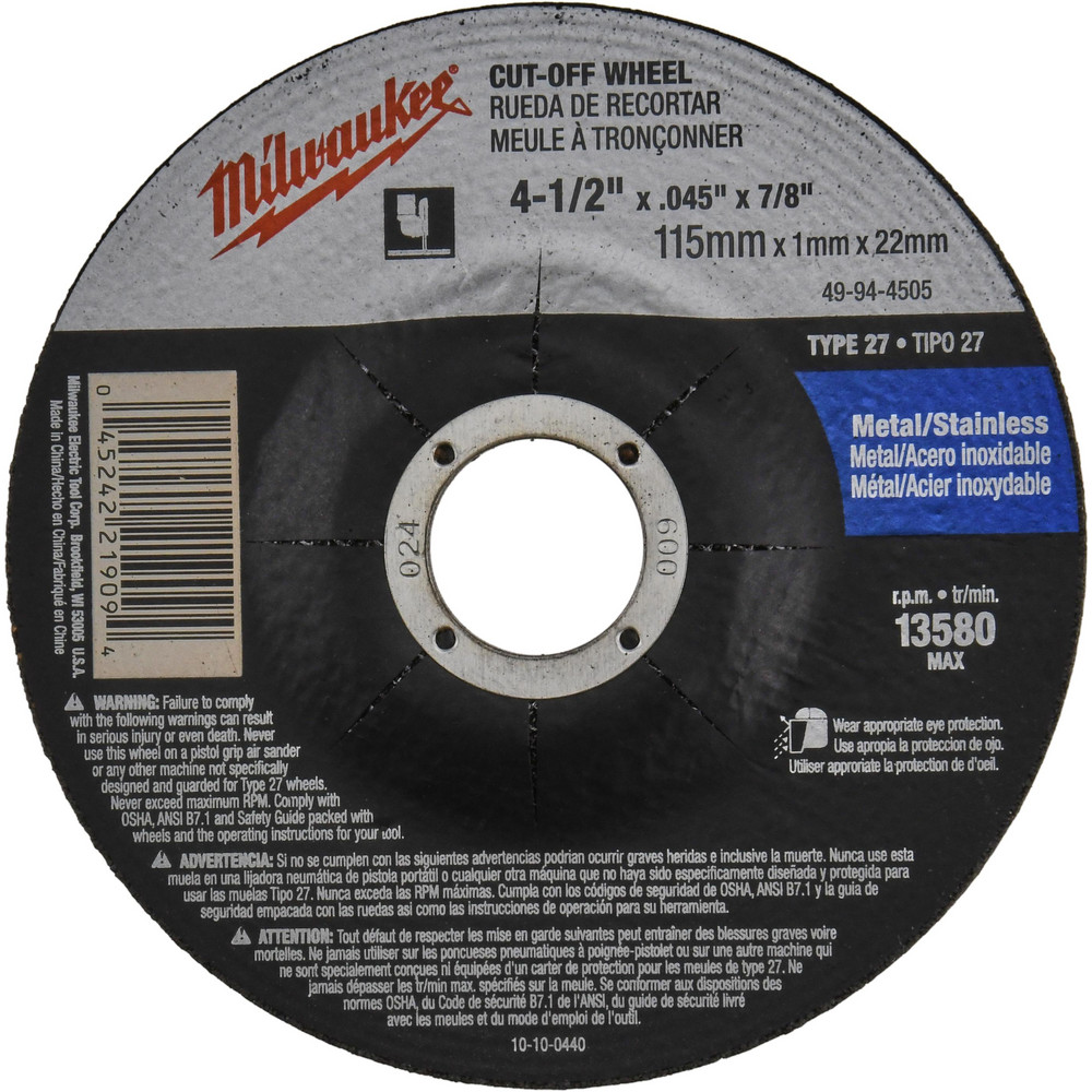 Depressed-Center Wheel: Type 27 & Type 42, 4-1/2" Dia, 0.0450" Thick, 7/8" Hole, Aluminum Oxide - 60 Grit, Resinoid Bond, 13580 Max RPM, Use with Angle Grinder
