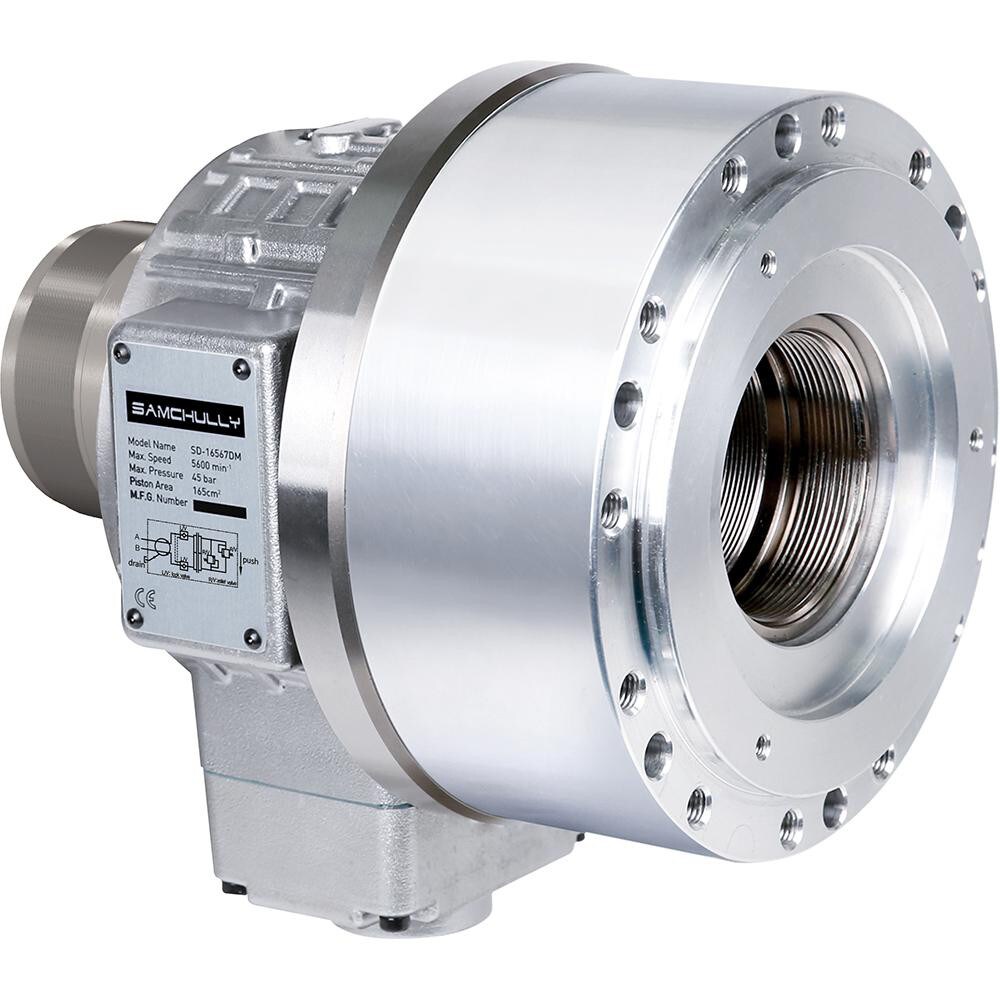 Open-Center Hydraulic Lathe Cylinders; Piston Diameter: 105.000 (mm); Piston Push Force: 25kN ; Piston Pull Force: 24kN ; Maximum Rpm: 8000.000 ; Maximum Operating Pressure: 4.0kgf/cm2 ; Total Leakage: 1.2