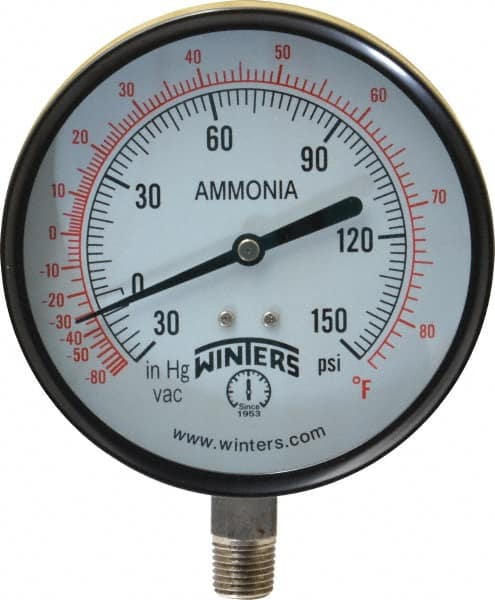 Winters PAM1695 Pressure Gauge: 4" Dial, 0 to 150 psi, 1/4" Thread, NPT, Lower Mount 