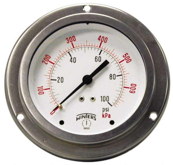 Winters PFQ908-DRY-FF. Pressure Gauge: 2-1/2" Dial, 1/4" Thread, Front Flange Panel & Center Back Mount 