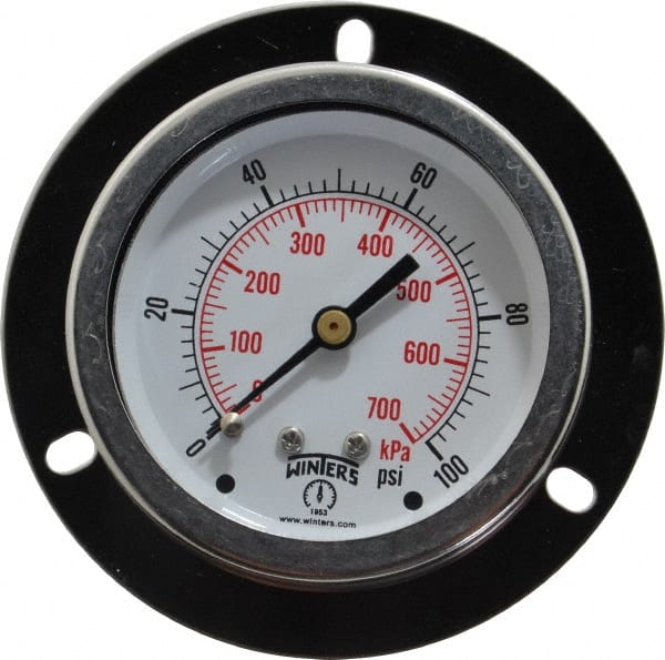 Winters PFQ904-DRY-FF. Pressure Gauge: 2-1/2" Dial, 0 to 100 psi, 1/4" Thread, NPT, Center Back Mount 