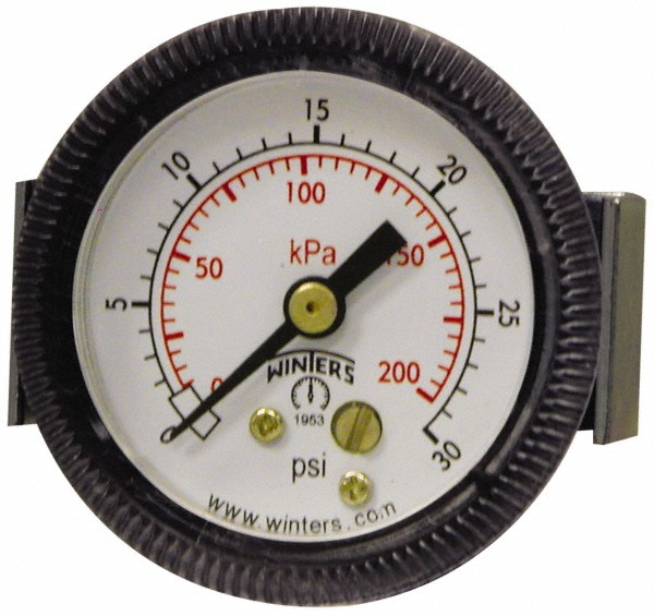 Pressure Gauge: 2-1/2" Dial, 0 to 30 psi, 1/4" Thread, NPT, U-Clamp Panel & Center Back Mount - Steel Case, Brass Wetted Parts, 2.5% of Scale Accuracy