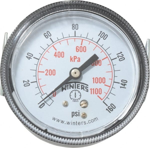 Winters P9U901440UC Pressure Gauge: 2-1/2" Dial, 0 to 160 psi, 1/4" Thread, NPT, U-Clamp Panel & Center Back Mount 