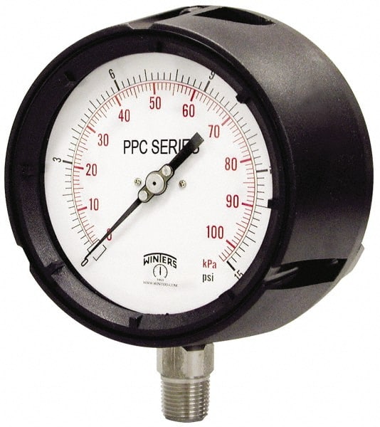 Winters PPC5063 Pressure Gauge: 4-1/2" Dial, 1/2" Thread, Lower Mount 