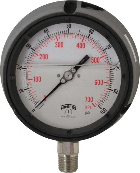 Winters PPC5064-45G. Pressure Gauge: 4-1/2" Dial, 0 to 100 psi, 1/2" Thread, NPT, Lower Mount 