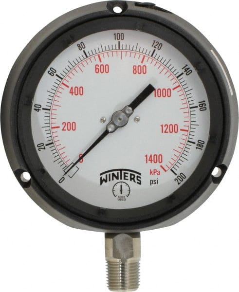 Winters PPC5066 Pressure Gauge: 4-1/2" Dial, 0 to 200 psi, 1/2" Thread, NPT, Lower Mount 