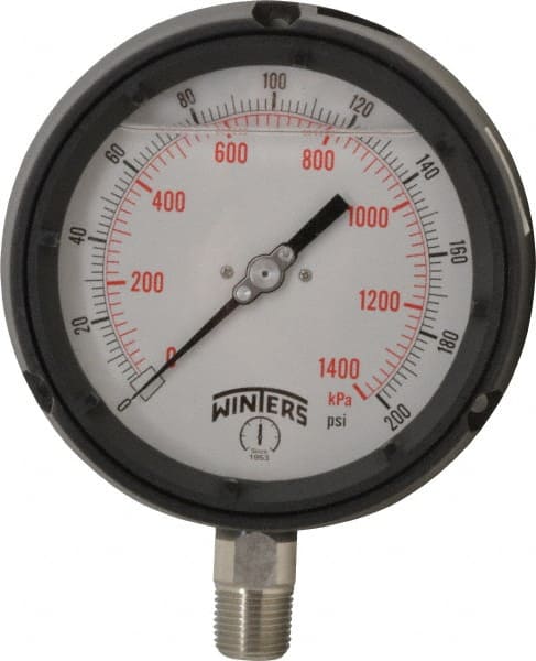 Winters PPC5066-G. Pressure Gauge: 4-1/2" Dial, 0 to 200 psi, 1/2" Thread, NPT, Lower Mount 