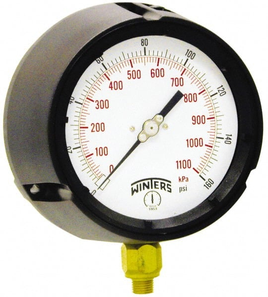 Winters PPC5082 Pressure Gauge: 4-1/2" Dial, 1/4" Thread, Lower Mount 
