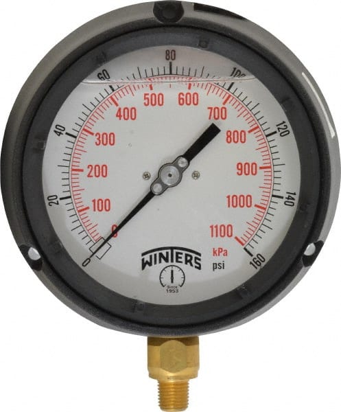 Winters PPC5085-G. Pressure Gauge: 4-1/2" Dial, 0 to 160 psi, 1/4" Thread, NPT, Lower Mount 