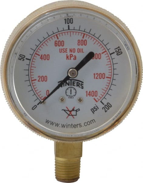Winters PWL2824 1/4 Inch NPT, 150 Max psi, Brass Case Cylinder Pressure Gauge 