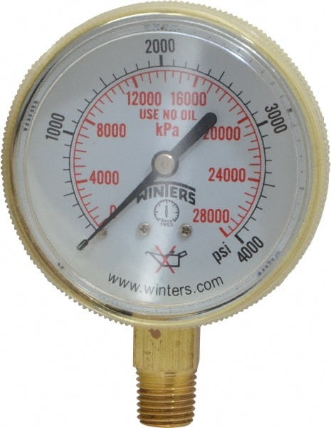 Winters PWL2832 1/4 Inch NPT, 3,000 Max psi, Brass Case Cylinder Pressure Gauge 