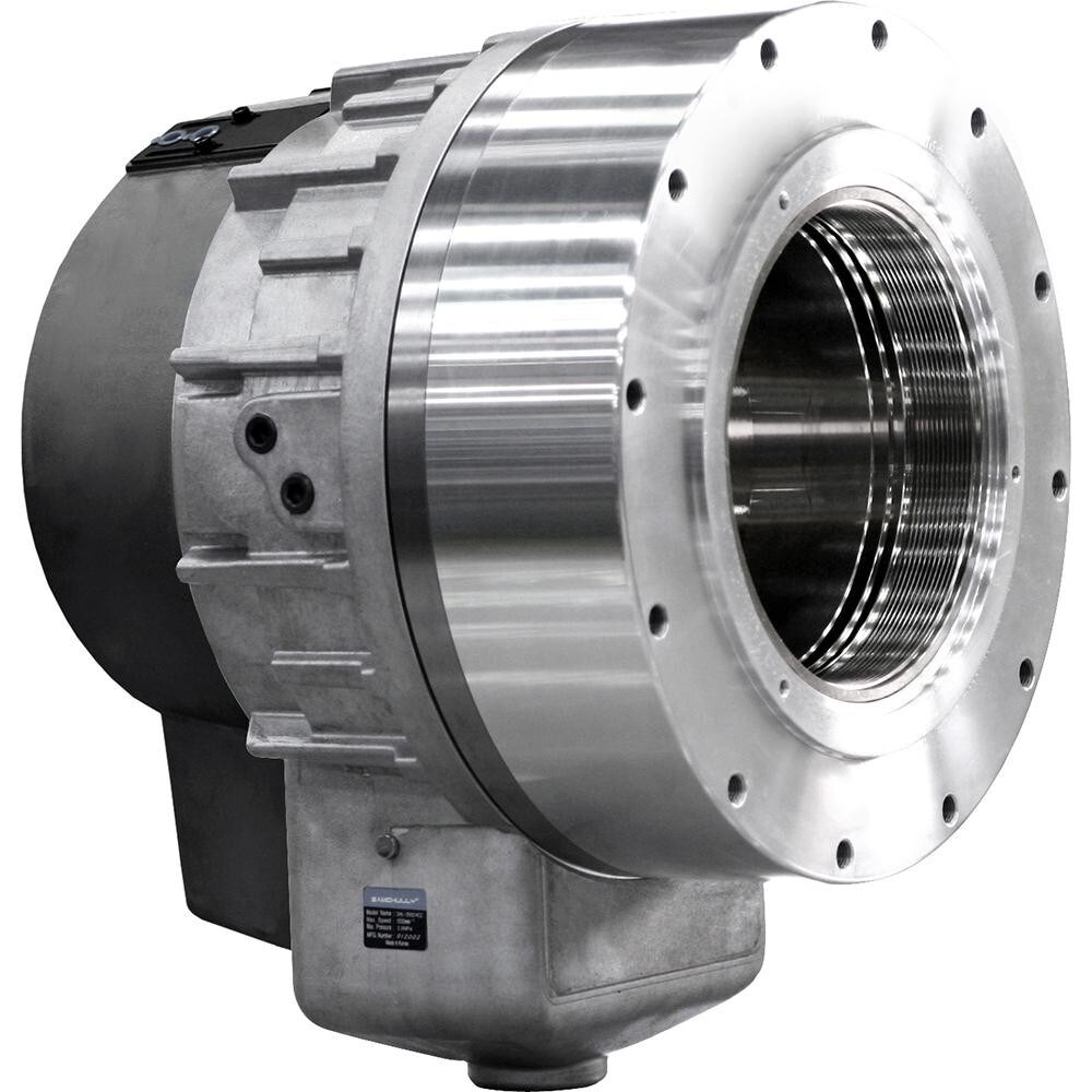 Open-Center Hydraulic Lathe Cylinders; Piston Diameter: 390.000 (mm); Piston Push Force: 152.5kN ; Piston Pull Force: 138.7kN ; Maximum Rpm: 1500.000 ; Maximum Operating Pressure: 2.5kgf/cm2 ; Total Leakage: 14