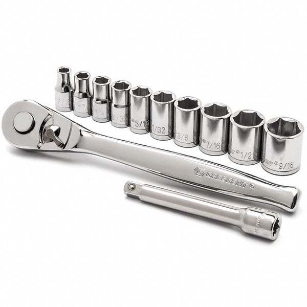 Socket Set: Standard, 12 Pc, 1/4" Drive, 3/16 to 5/8" - 6 Point, Polished Chrome