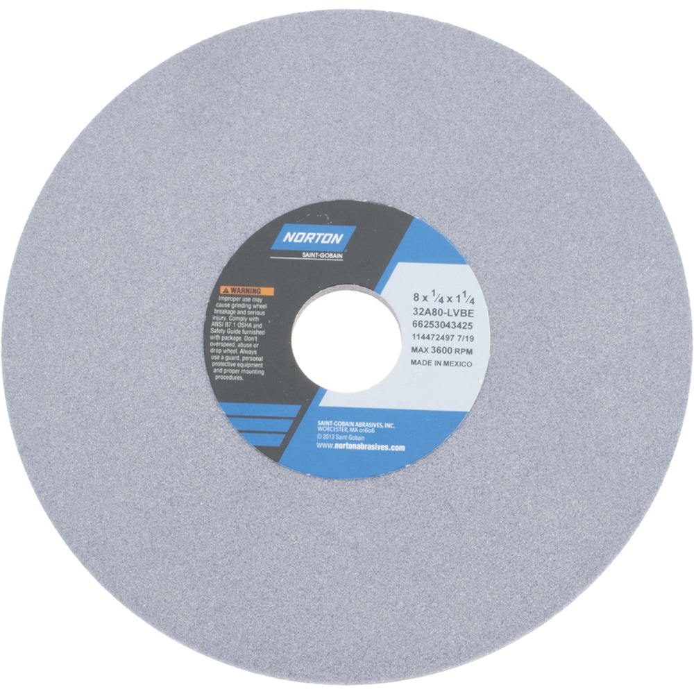 Norton 66253043425 Surface Grinding Wheel: 8" Dia, 1/4" Thick, 1-1/4" Hole, 80 Grit, L Hardness Image