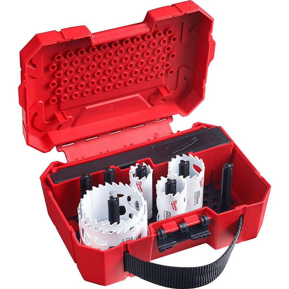 Utility Hole Saw Kit: 9 Pc, 7/8 to 2-1/2" Dia - Carbide Tipped, Includes (1) Hex Key, (2) Arbors: 49-56-7010, 49-56-9100, (2) Pilot Bits, (5) Hole Saws: 7/8, 1-1/8, 1-3/8, 2 & 2-1/2"