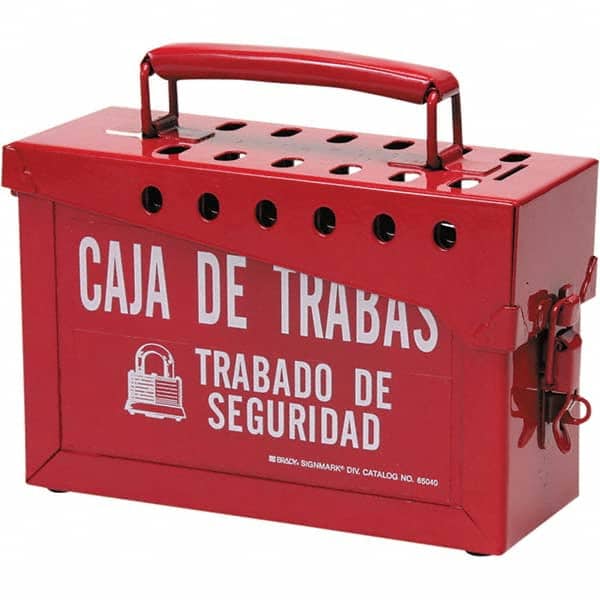 Group Lockout Boxes; Portable or Wall Mount: Portable; Maximum Number of Padlocks: 13; Legend: Caja De Trabas Trabado De Seguridad; Color: Red; Box Material: Steel; Label Language: Spanish; Overall Height (Inch): 6; 6 in; Overall Width (Inch): 9; Overall