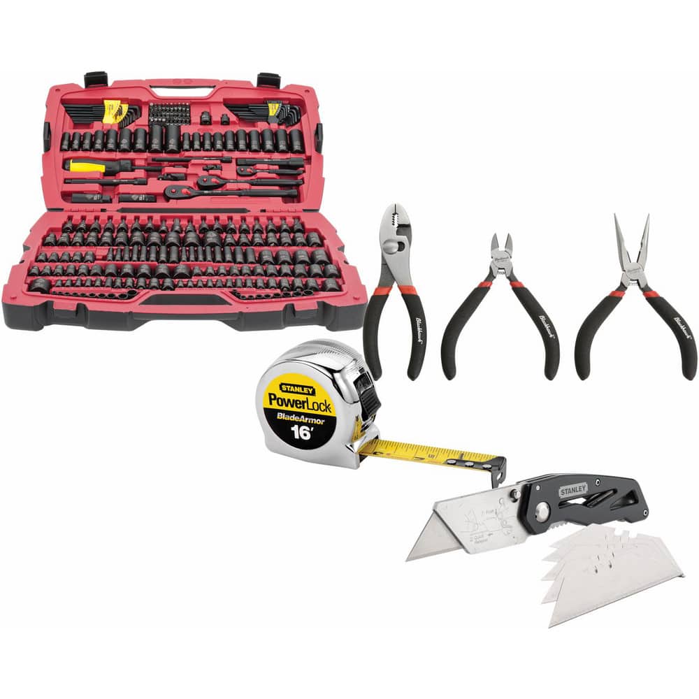 Stanley Combination Hand Tool Sets; Set Type: Mechanic's Tool Set;  Container Type: Blow Mold Box; Measurement Type: Inch; Includes: 1x16'  Mylar Coated Micro Powerlock Tape; 3Pc. Precision Plier Set; Quick Change