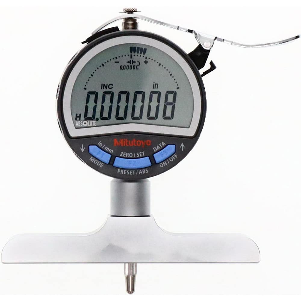 Electronic Depth Gages; Resolution (mm): 0.001; Resolution (Decimal Inch): 0.00005 in; 0.001; Rod Type: Solid; Base Length (Inch): 4; Accuracy (Decimal Inch): 0.0003; Accuracy (mm): 0.0076; Calibrated: No; Color: Silver; Black; Base Flatness (Decimal Inch