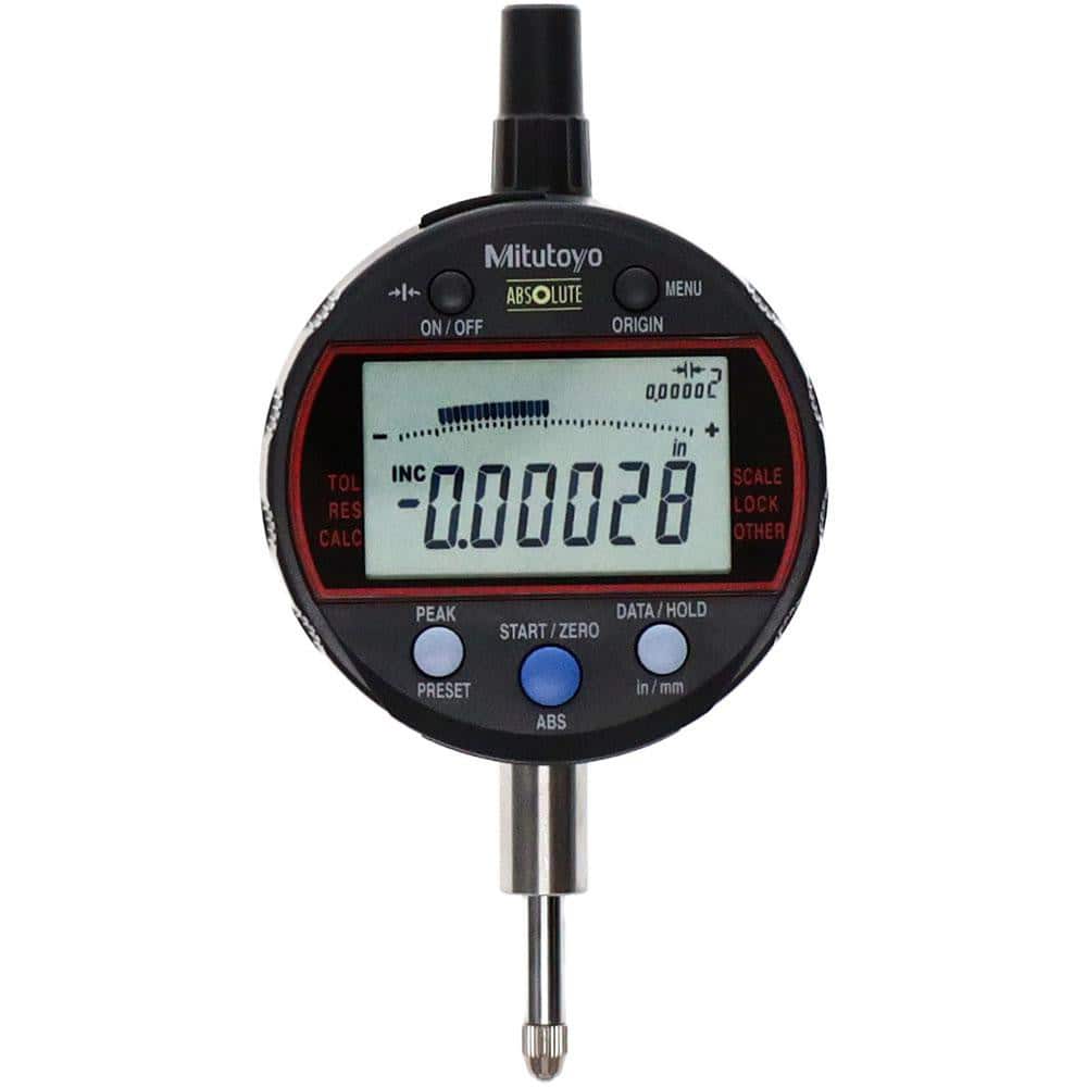 Mitutoyo 543-342B-10 Electronic Drop Indicators; Back Type: Flat; Connection Type: Straight; Display Type: LCD; Accuracy (Decimal Inch): 0.000120; Calibrated: No; Measuring Force (N): 1.5; Minimum Measurement (mm): 0.00; Maximum Measurement (mm): 12.70; Maximum Measurement (D 