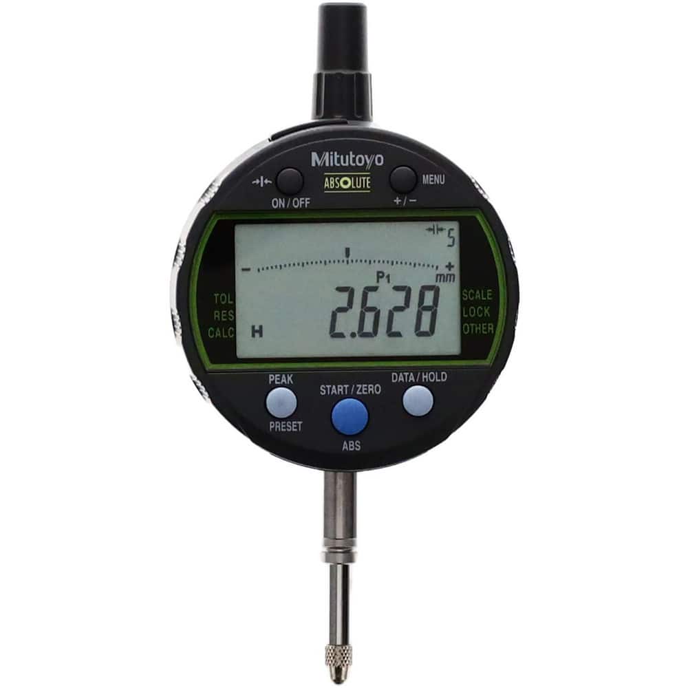 Mitutoyo 543-300-10 Electronic Drop Indicators; Back Type: Flat; Connection Type: Straight; Display Type: LCD; Accuracy (mm): 0.003; Calibrated: No; Measuring Force (N): 1.5; Minimum Measurement (mm): 0.00; Maximum Measurement (mm): 12.70; Contact Point Material: Carbide; Po 