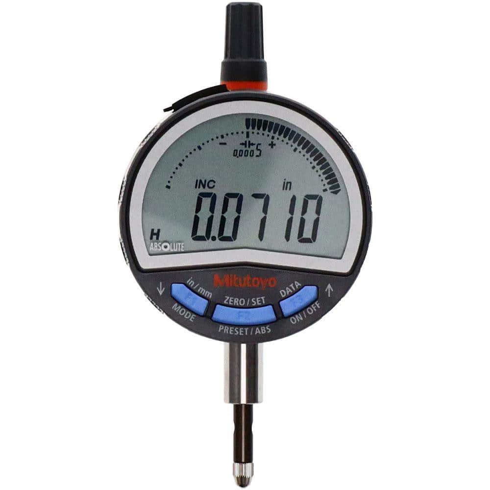 Mitutoyo 543-717B Electronic Drop Indicators; Back Type: Flat; Connection Type: Straight; Display Type: LCD; Accuracy (Decimal Inch): +/-.001; Calibrated: No; Measuring Force (N): 1.5; Minimum Measurement (mm): 0.00; Maximum Measurement (mm): 12.70; Maximum Measurement (De 