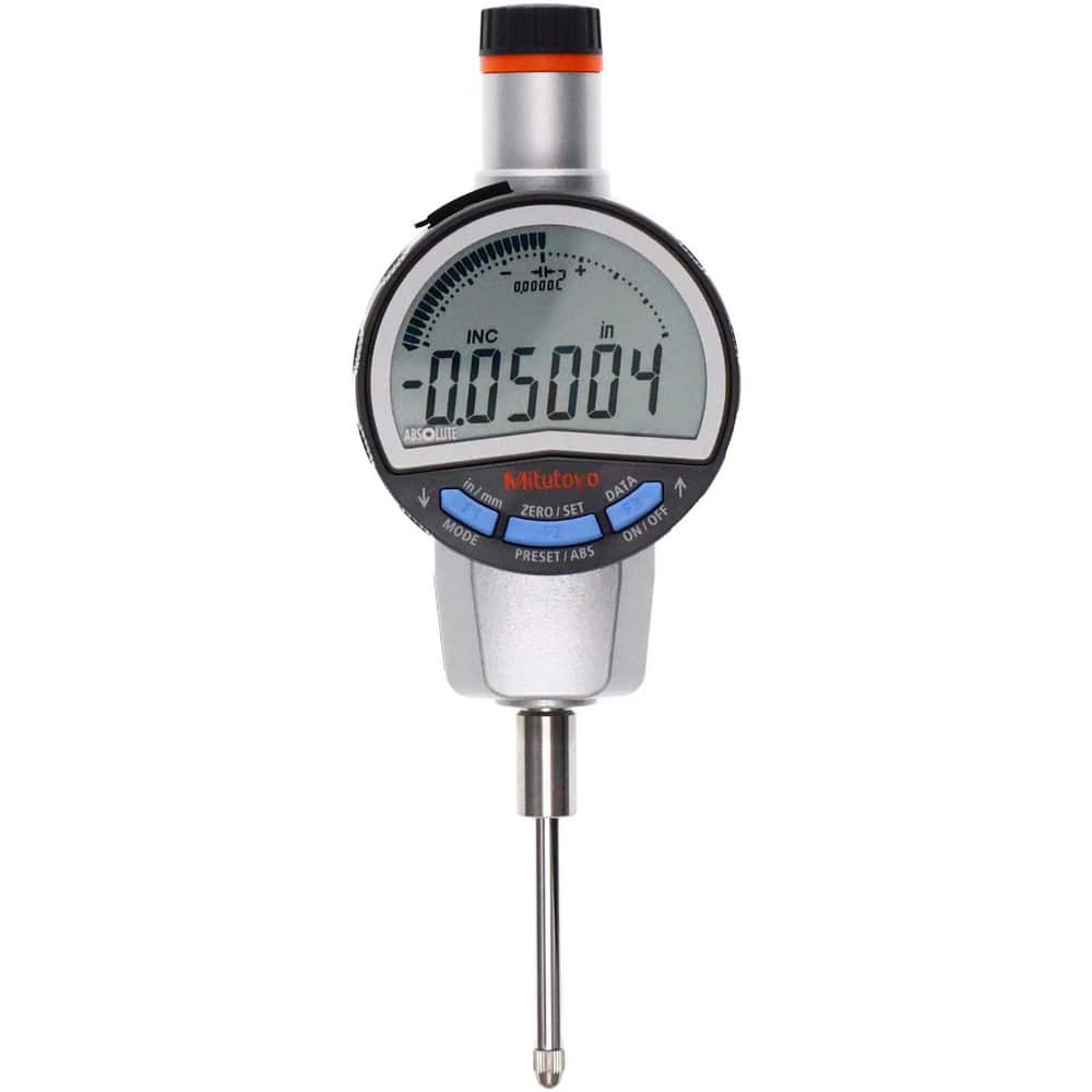 Mitutoyo 543-722B Electronic Drop Indicators; Back Type: Flat; Connection Type: Straight; Display Type: LCD; Accuracy (Decimal Inch): .0001"; Calibrated: No; Measuring Force (N): 1.5; Minimum Measurement (mm): 0.00; Maximum Measurement (mm): 25.40; Maximum Measurement (Dec 