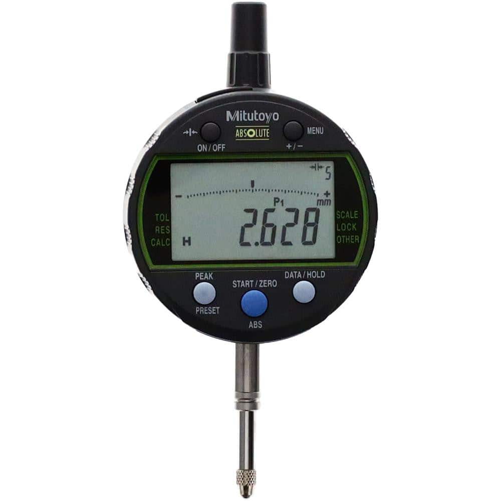 Mitutoyo 543-300B-10 Electronic Drop Indicators; Back Type: Flat; Connection Type: Straight; Display Type: LCD; Accuracy (mm): 10.03mm; Calibrated: No; Measuring Force (N): 1.5; Minimum Measurement (mm): 0.00; Maximum Measurement (mm): 12.70; Contact Point Material: Carbide; 