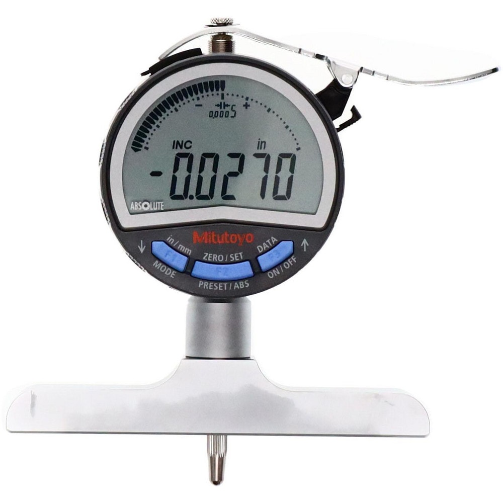 Mitutoyo 547-218A Electronic Depth Gages; Resolution (mm): 0.01; 0.001; Resolution (Decimal Inch): 0.0005; 0.001; Rod Type: Solid; Base Length (Inch): 4; Accuracy (Decimal Inch): +/-.001; Accuracy (mm): 0.0254; Calibrated: No; Color: Silver; Black; Base Flatness (Decimal I 