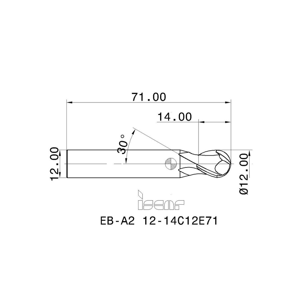 Iscar Ball End Mill 12.00 mm Dia, 14.00 mm LOC, 2 Flute, Solid