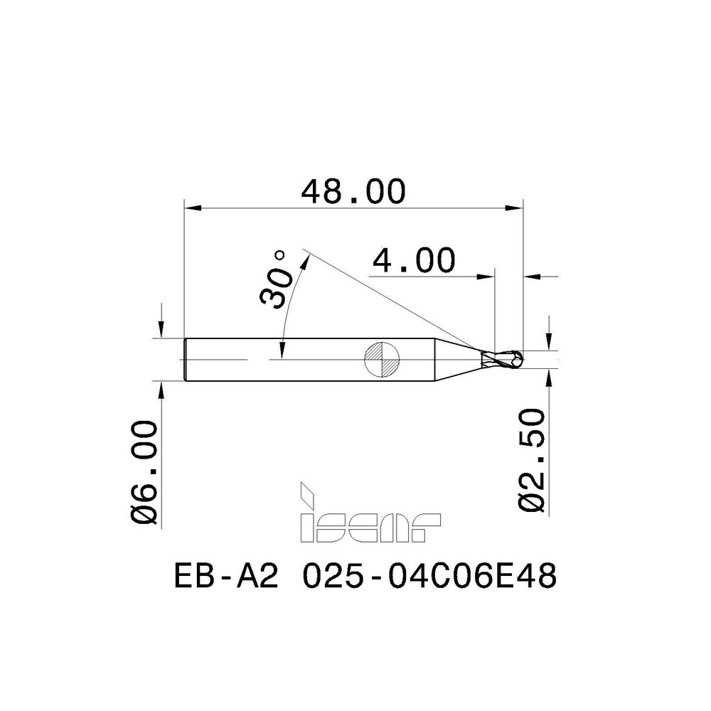 Iscar Ball End Mill 2.50 mm Dia, 4.00 mm LOC, 2 Flute, Solid Carbide