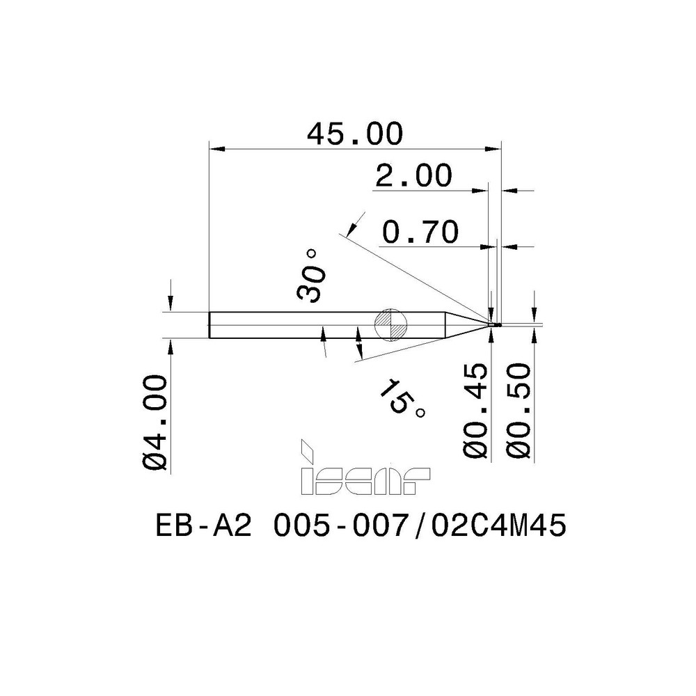 Iscar Ball End Mill 0.50 mm Dia, 0.70 mm LOC, 2 Flute, Solid Carbide
