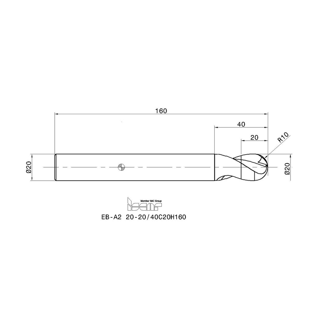 Iscar Ball End Mill 20.00 mm Dia, 20.00 mm LOC, 2 Flute, Solid