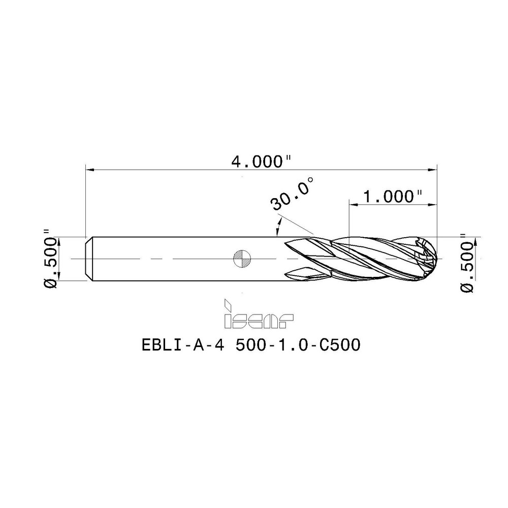 Iscar Ball End Mill 1/2" Dia, 1" LOC, 4 Flute, Solid Carbide MSC