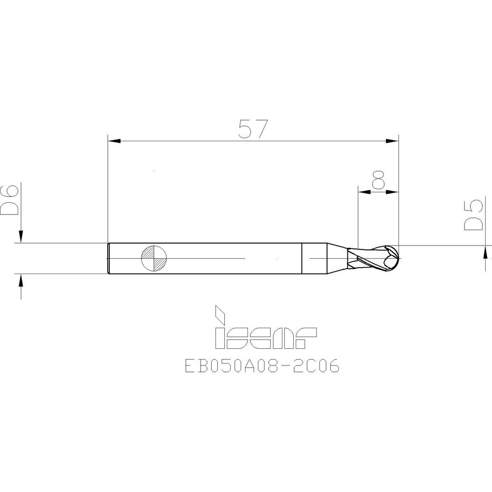 Iscar Ball End Mill 5.00 mm Dia, 8.00 mm LOC, 2 Flute, Solid Carbide