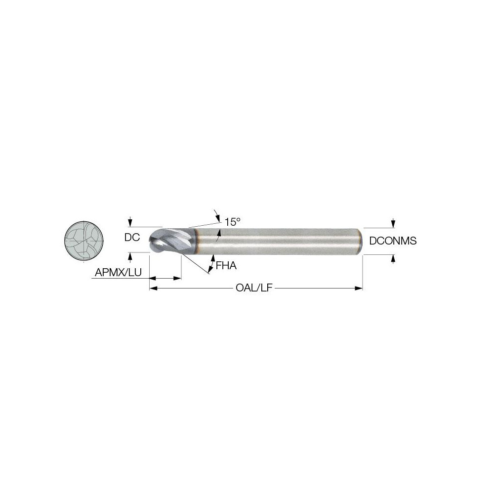 Iscar Ball End Mill 1/4" Dia, 0.3130" LOC, 3 Flute, Solid Carbide