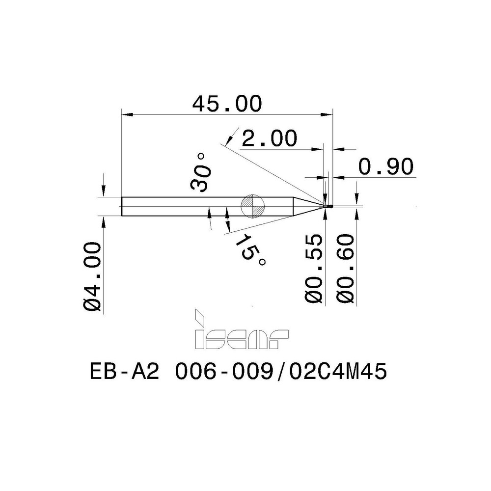 Iscar Ball End Mill 0.60 mm Dia, 0.90 mm LOC, 2 Flute, Solid Carbide