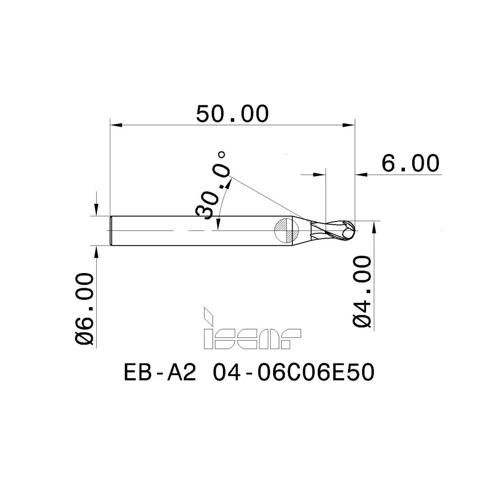 Iscar Ball End Mill 4.00 mm Dia, 6.00 mm LOC, 2 Flute, Solid Carbide