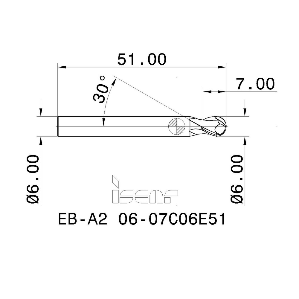 Iscar Ball End Mill 6.00 mm Dia, 7.00 mm LOC, 2 Flute, Solid Carbide