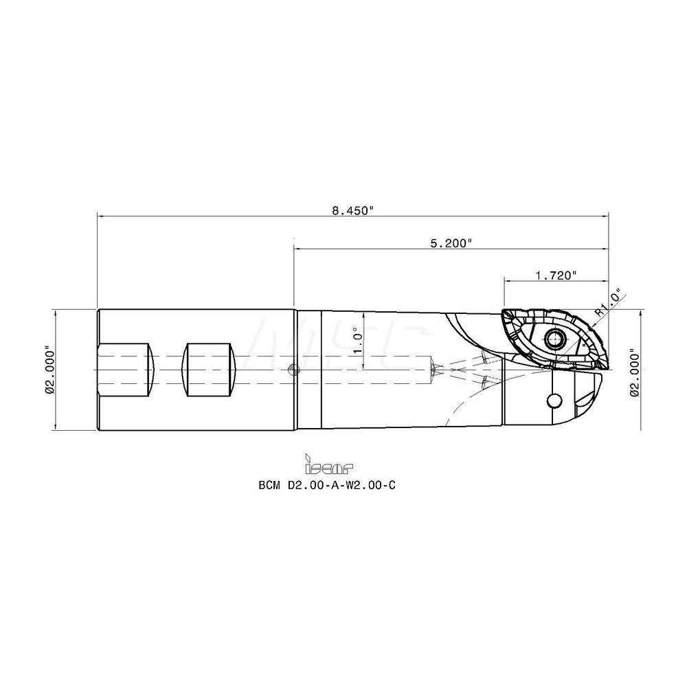 Iscar Indexable Ball Nose End Mill 2" Cut Dia, Solid Carbide, 8.45