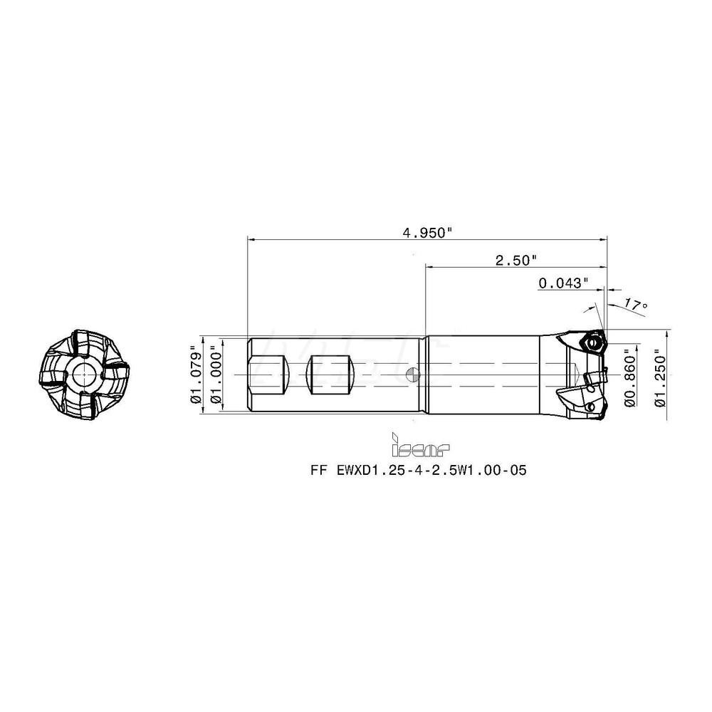 Iscar Indexable HighFeed End Mill 11/4" Cut Dia, 1" Weldon Flat
