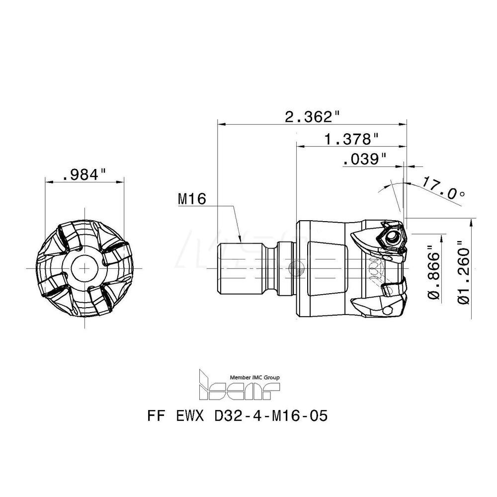 Iscar Indexable HighFeed End Mill 1.26" Cut Dia, Modular Shank