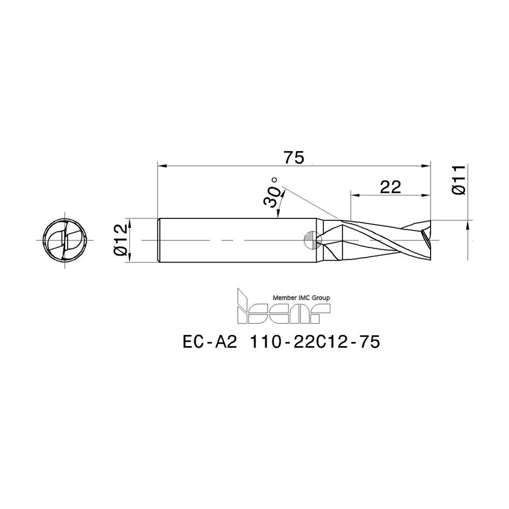 Iscar - Square End Mill: 11 mm Dia, 22 mm LOC, 2 Flute, Solid 